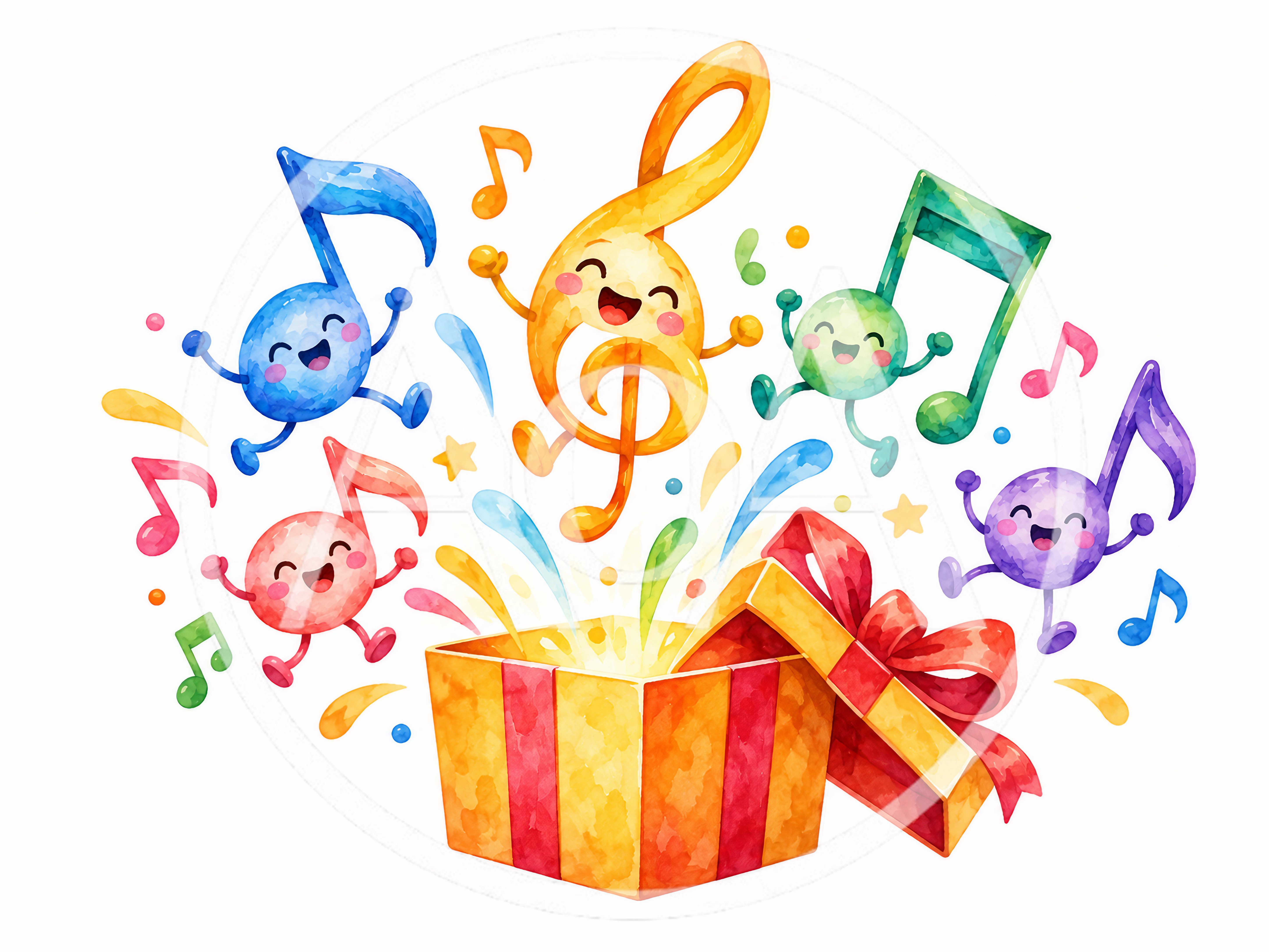 Cute Watercolor Musical Notes Jumping Out Of Gift Box