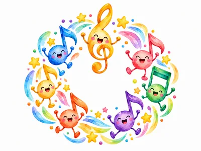 Cute Cartoon Musical Notes Dancing In A Circle