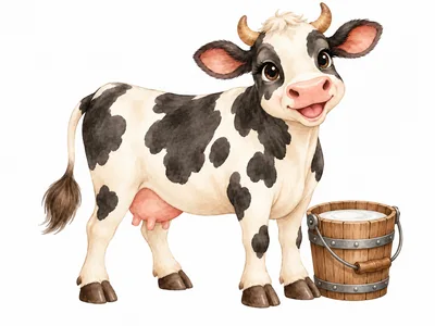 Cute Cartoon Cow With A Wooden Milk Bucket