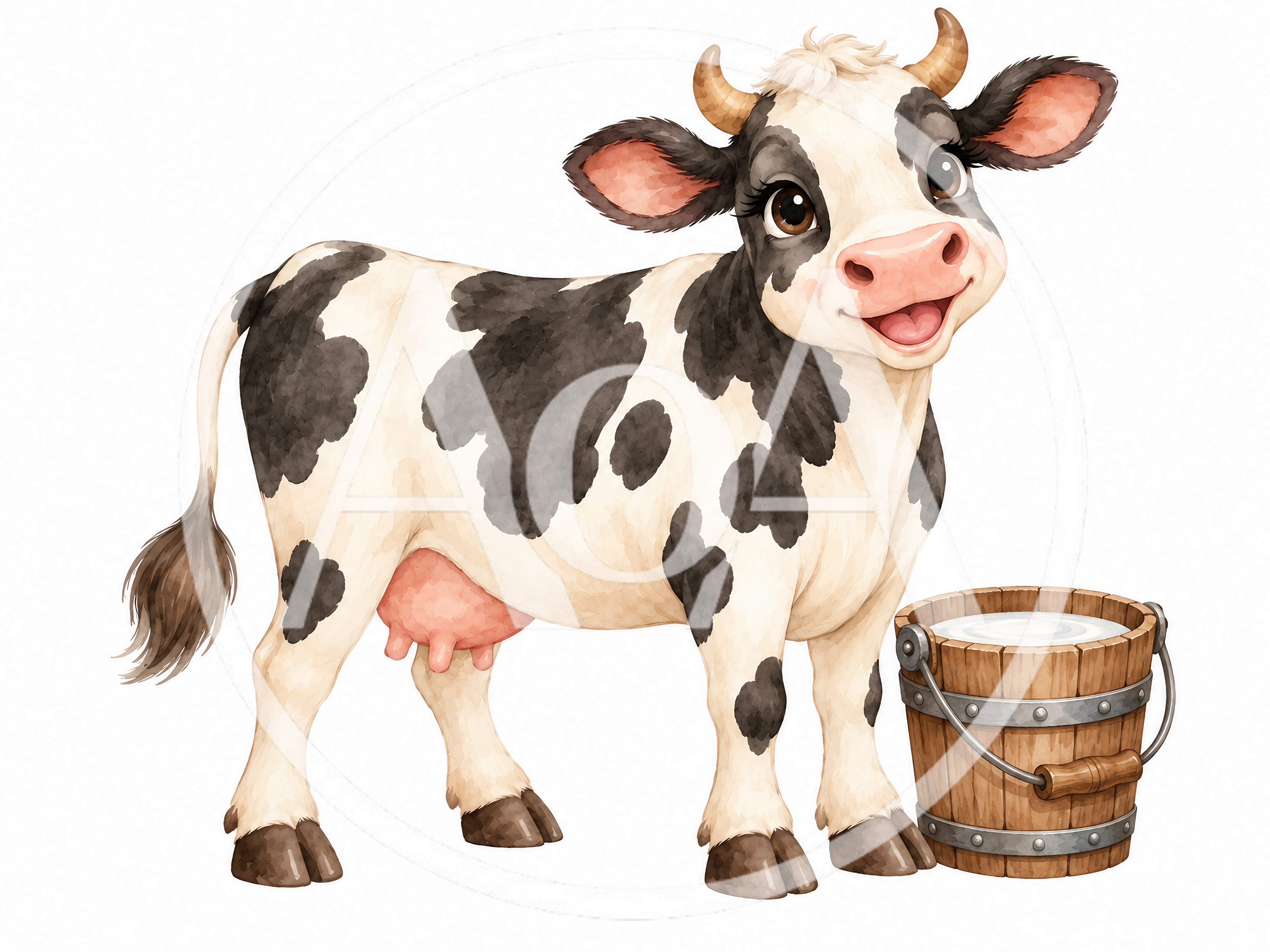 Cute Cartoon Cow With A Wooden Milk Bucket