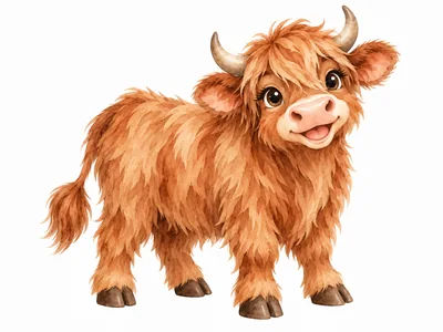 Cute Fluffy Highland Cow Calf Illustration