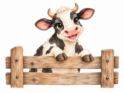 Cute Cartoon Cow Leaning Over A Wooden Fence