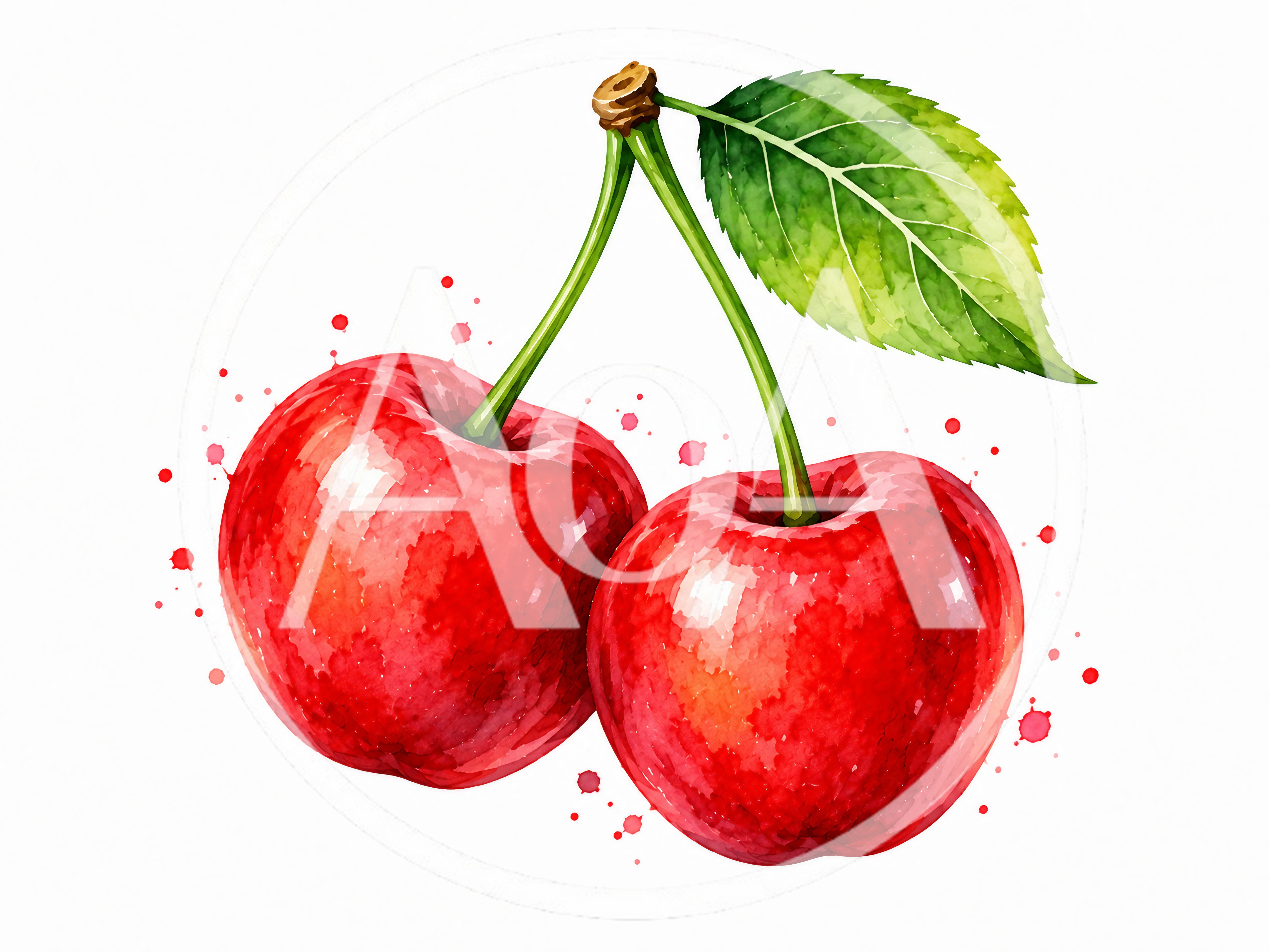 Watercolor Illustration Of Two Ripe Red Cherries