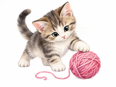 Cute Tabby Kitten Playing With Pink Yarn Ball
