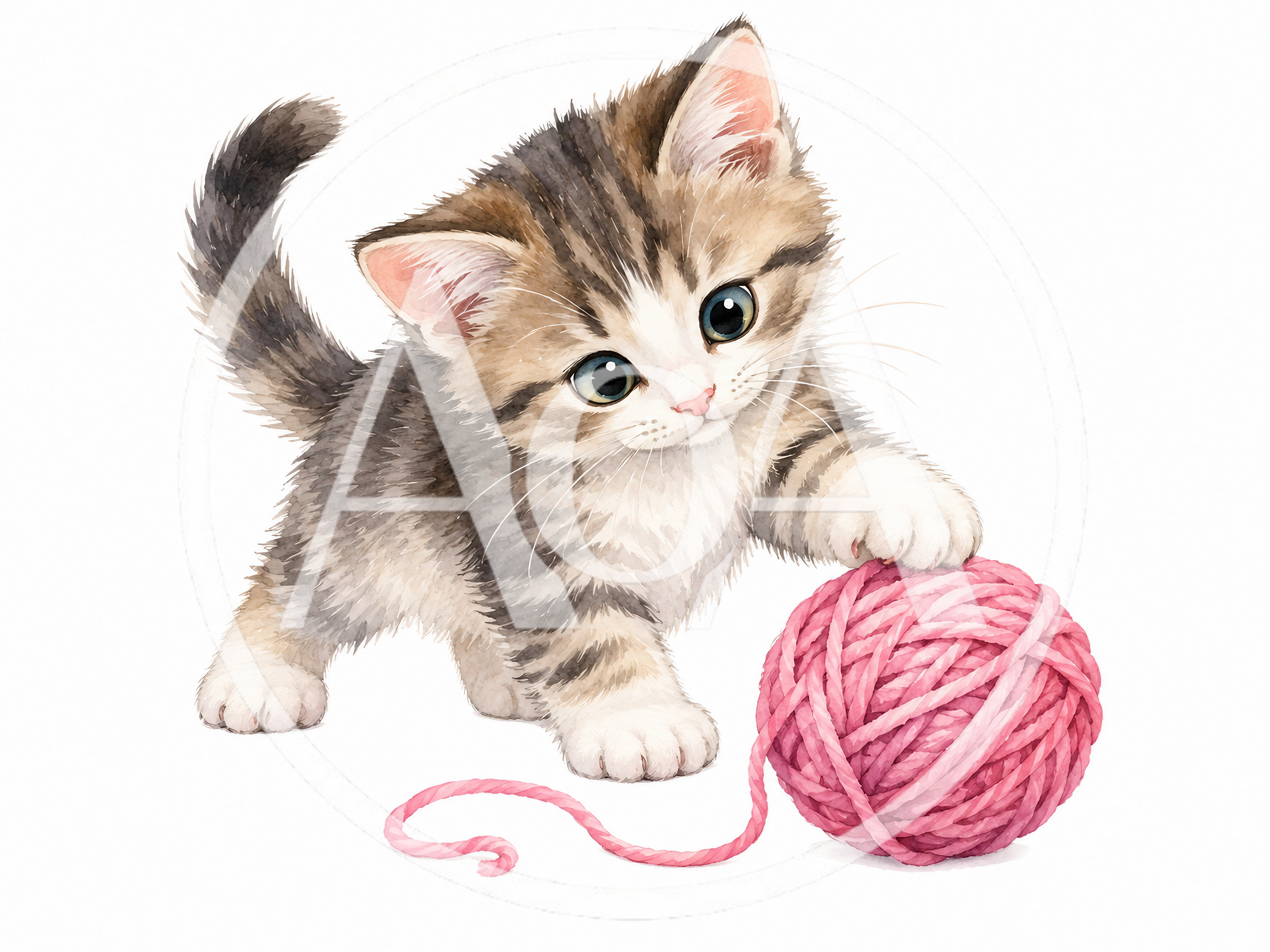 Cute Tabby Kitten Playing With Pink Yarn Ball