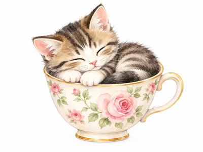 Cute Tabby Kitten Sleeping Inside A Floral Teacup
