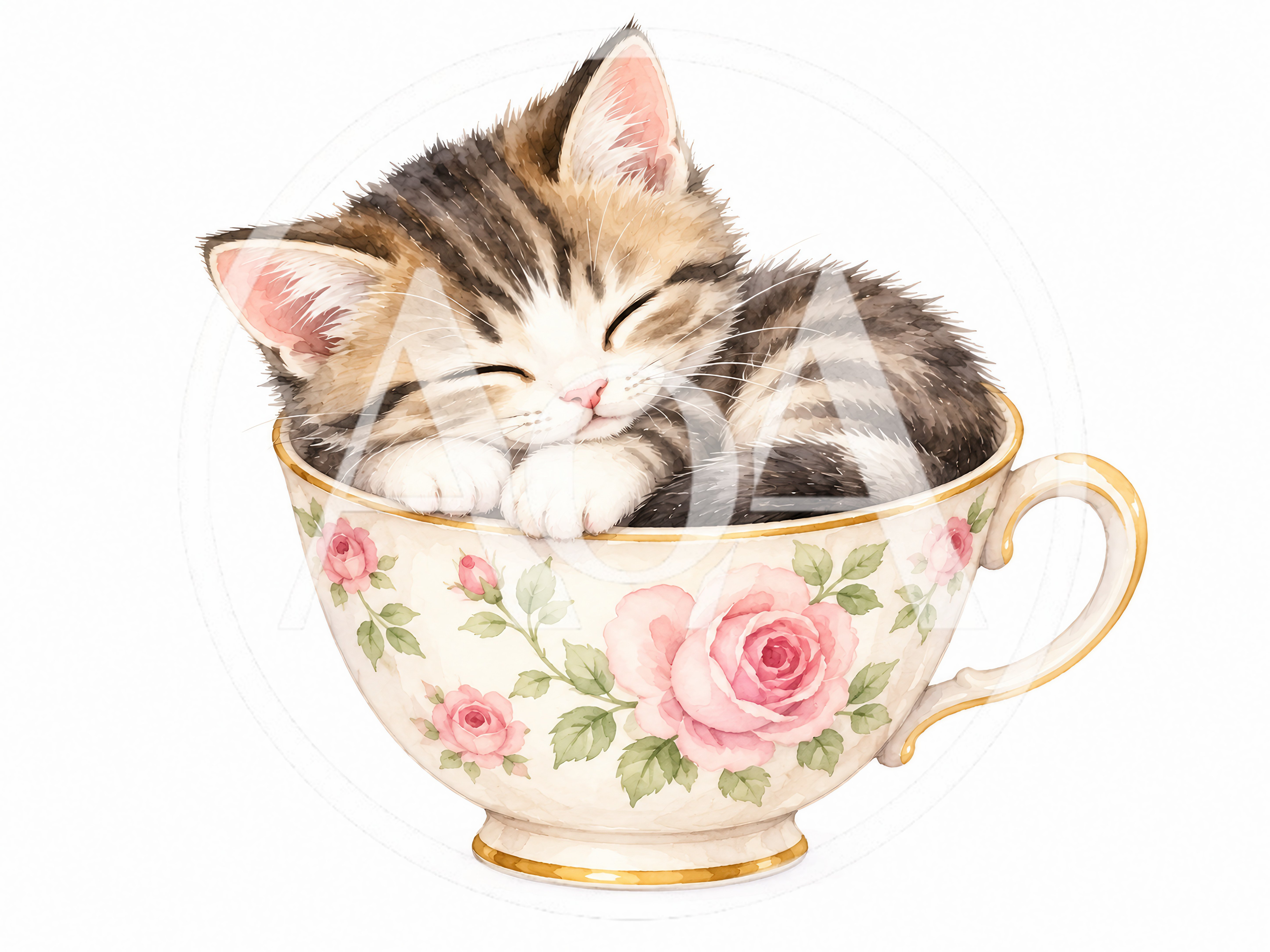 Cute Tabby Kitten Sleeping Inside A Floral Teacup