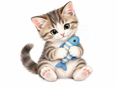 Cute Tabby Kitten Holding A Blue Toy Fish