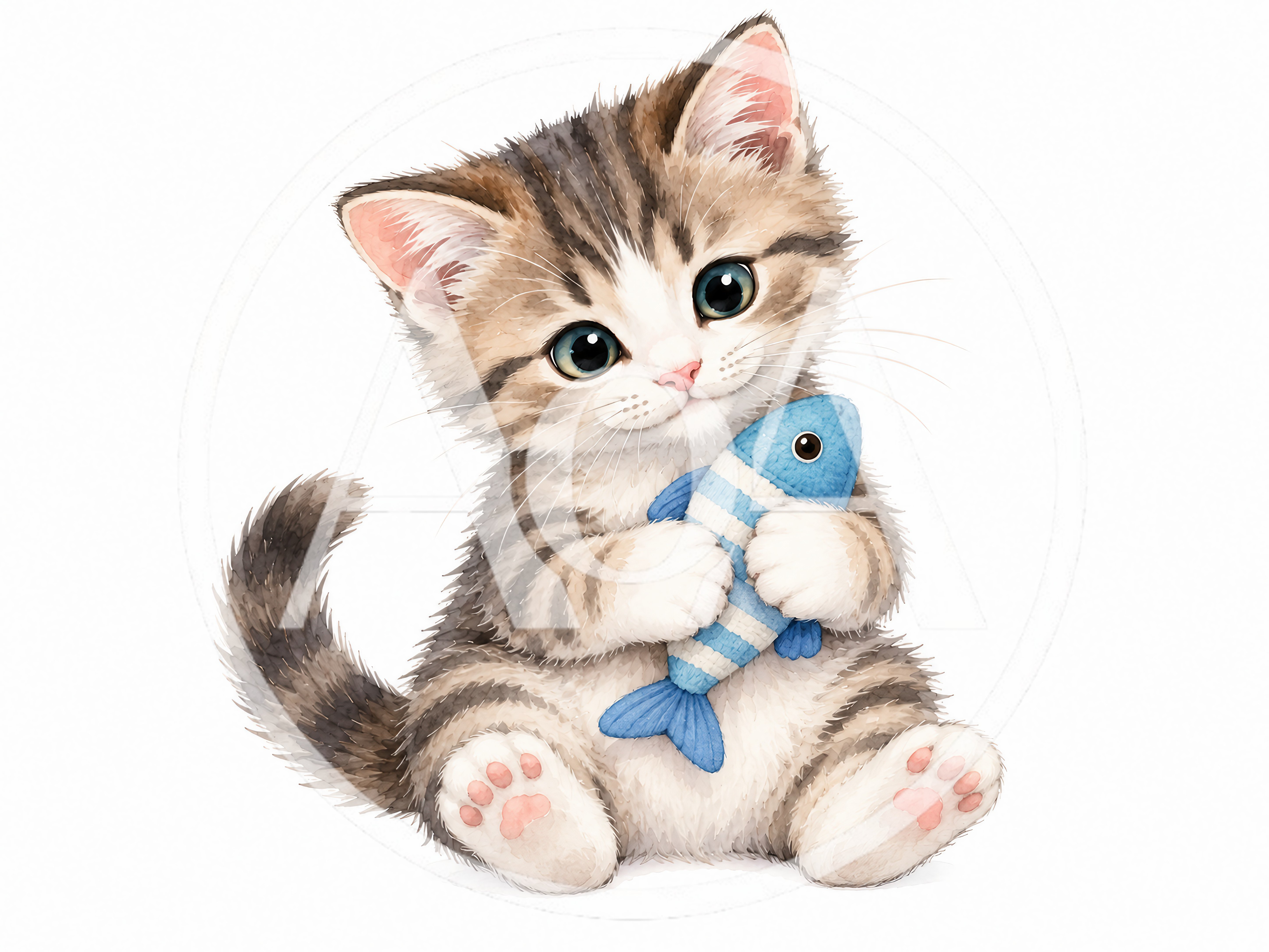 Cute Tabby Kitten Holding A Blue Toy Fish