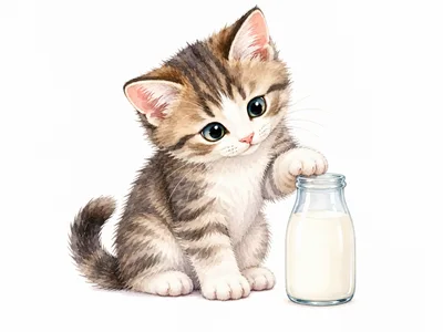 Cute Tabby Kitten Touching A Glass Milk Bottle
