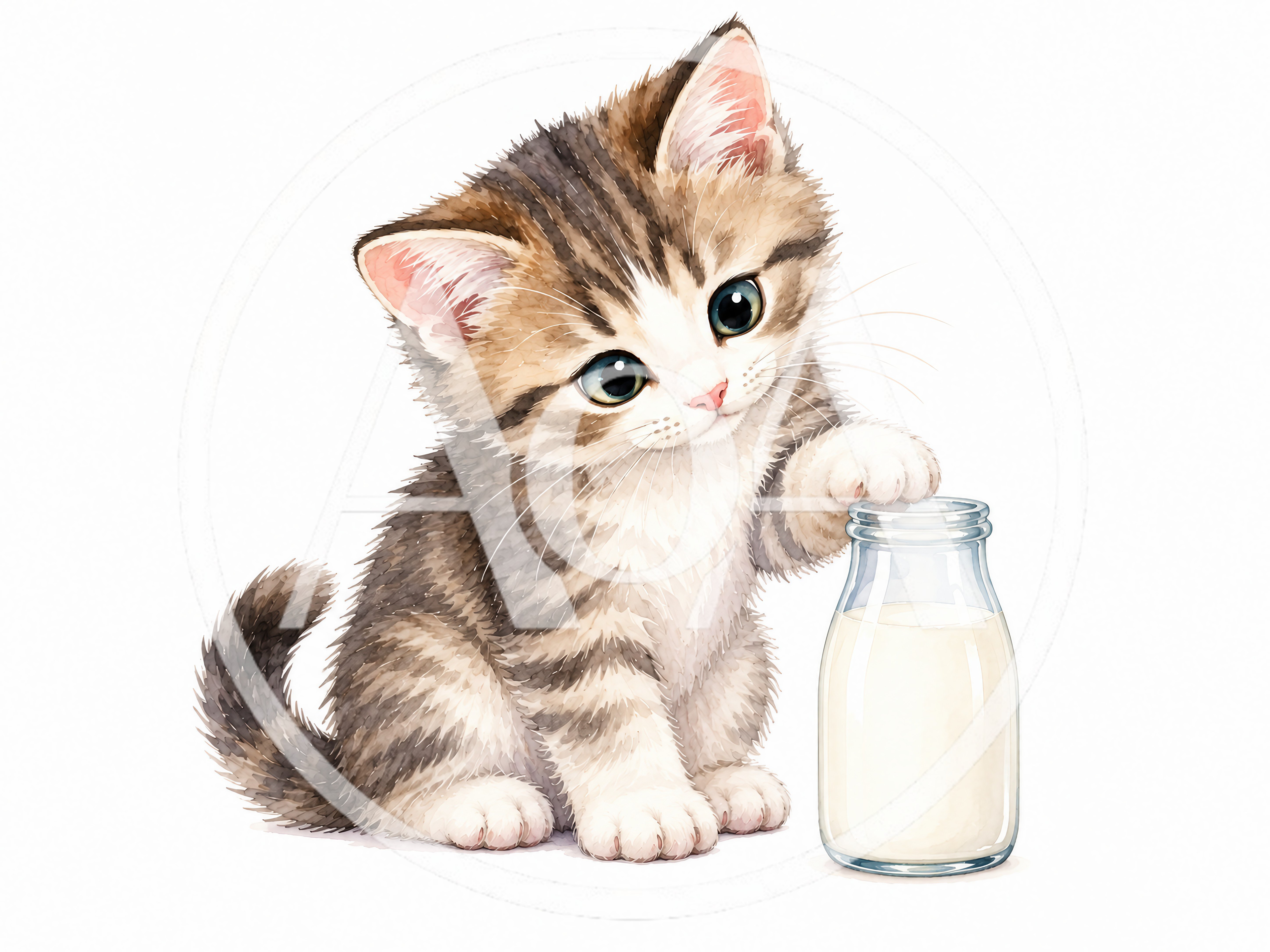 Cute Tabby Kitten Touching A Glass Milk Bottle