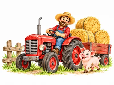 Cartoon Farmer Driving Red Tractor With Hay Bales