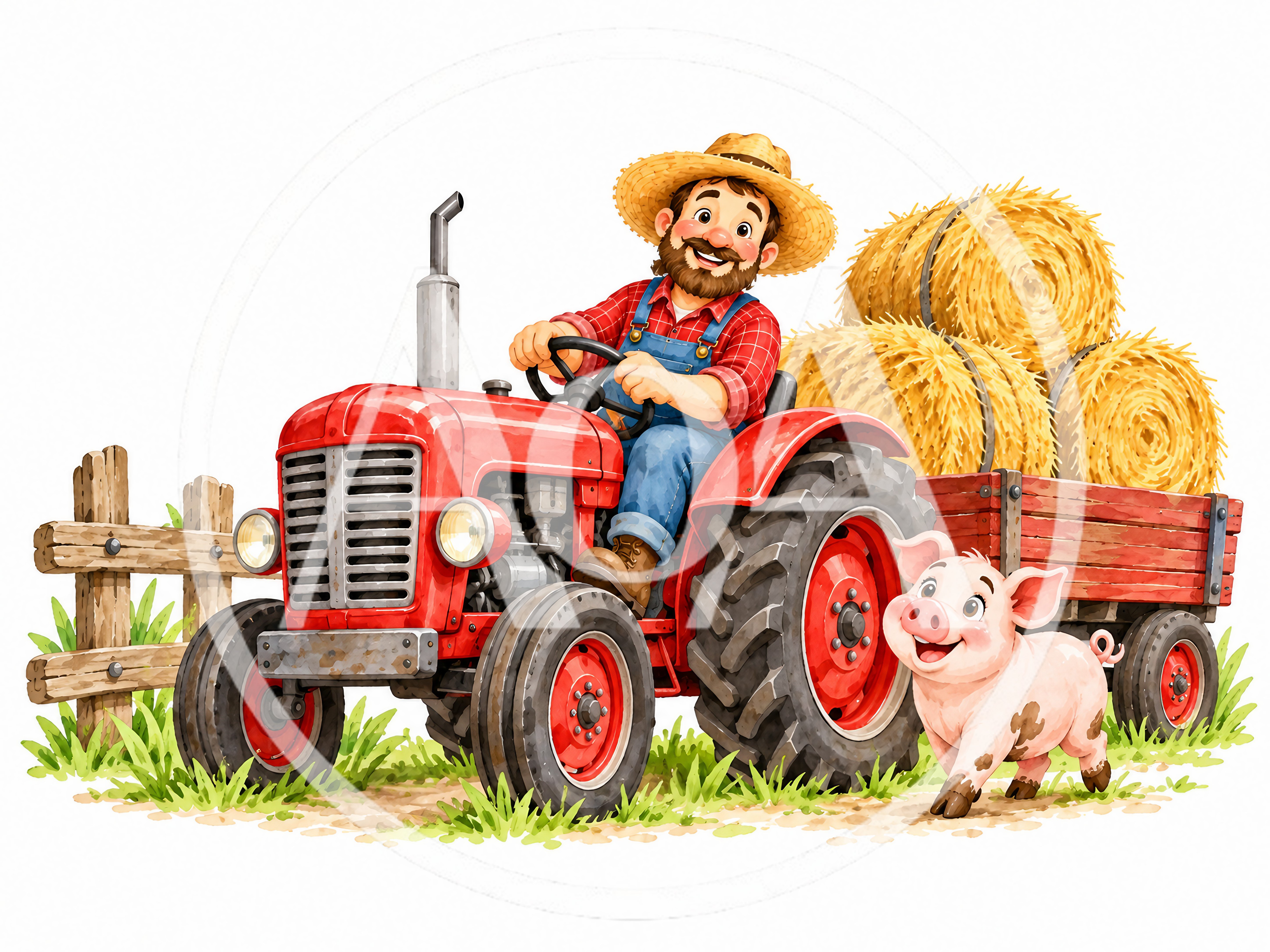 Cartoon Farmer Driving Red Tractor With Hay Bales
