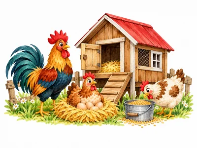 Cartoon Rooster and Hens at a Wooden Chicken Coop