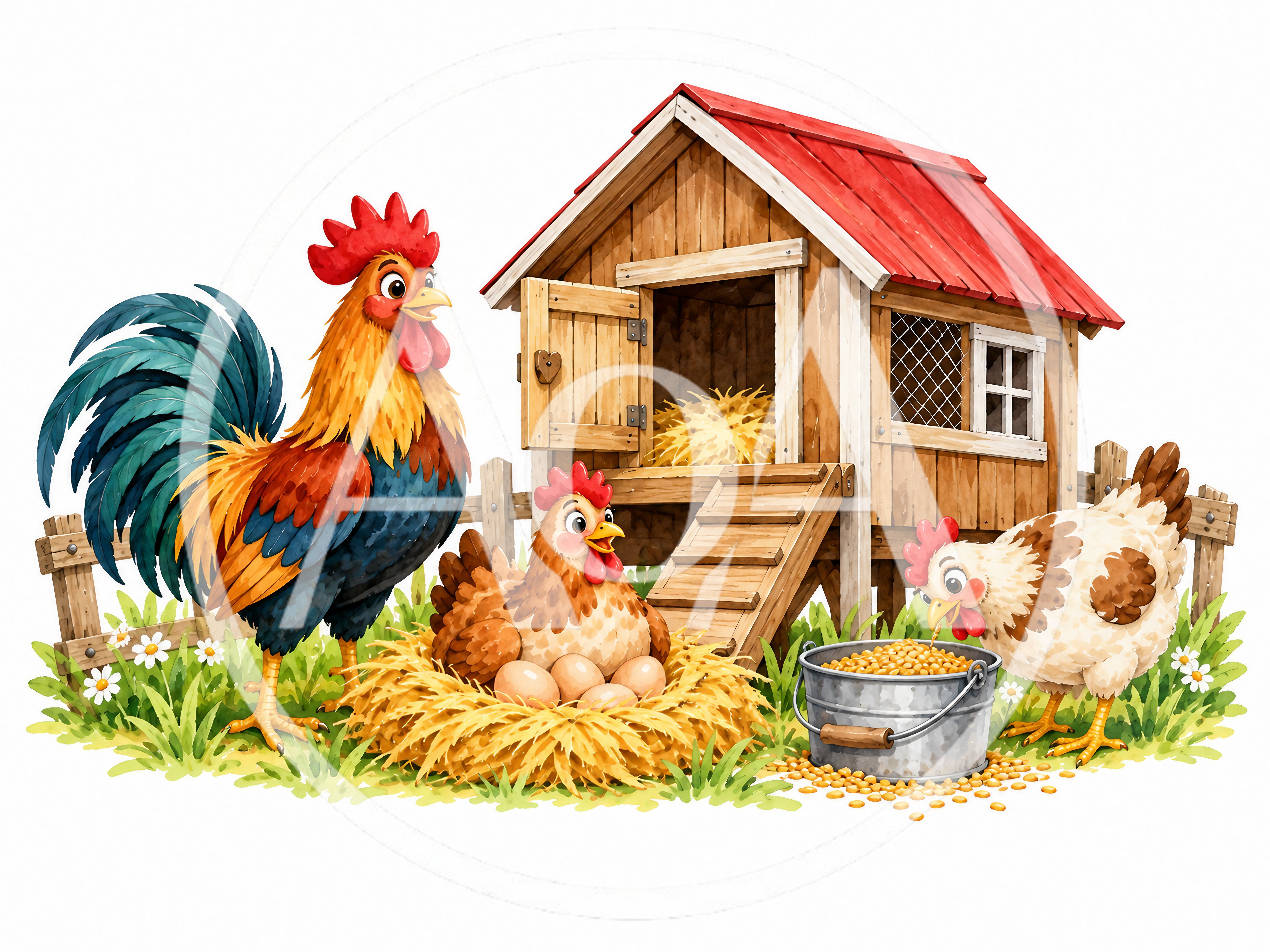 Cartoon Rooster and Hens at a Wooden Chicken Coop