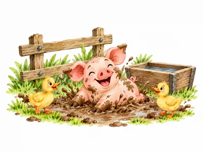 Happy Piglet Playing in Mud with Ducklings