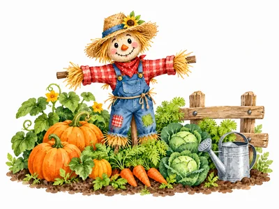 Watercolor Scarecrow Standing in a Vegetable Garden