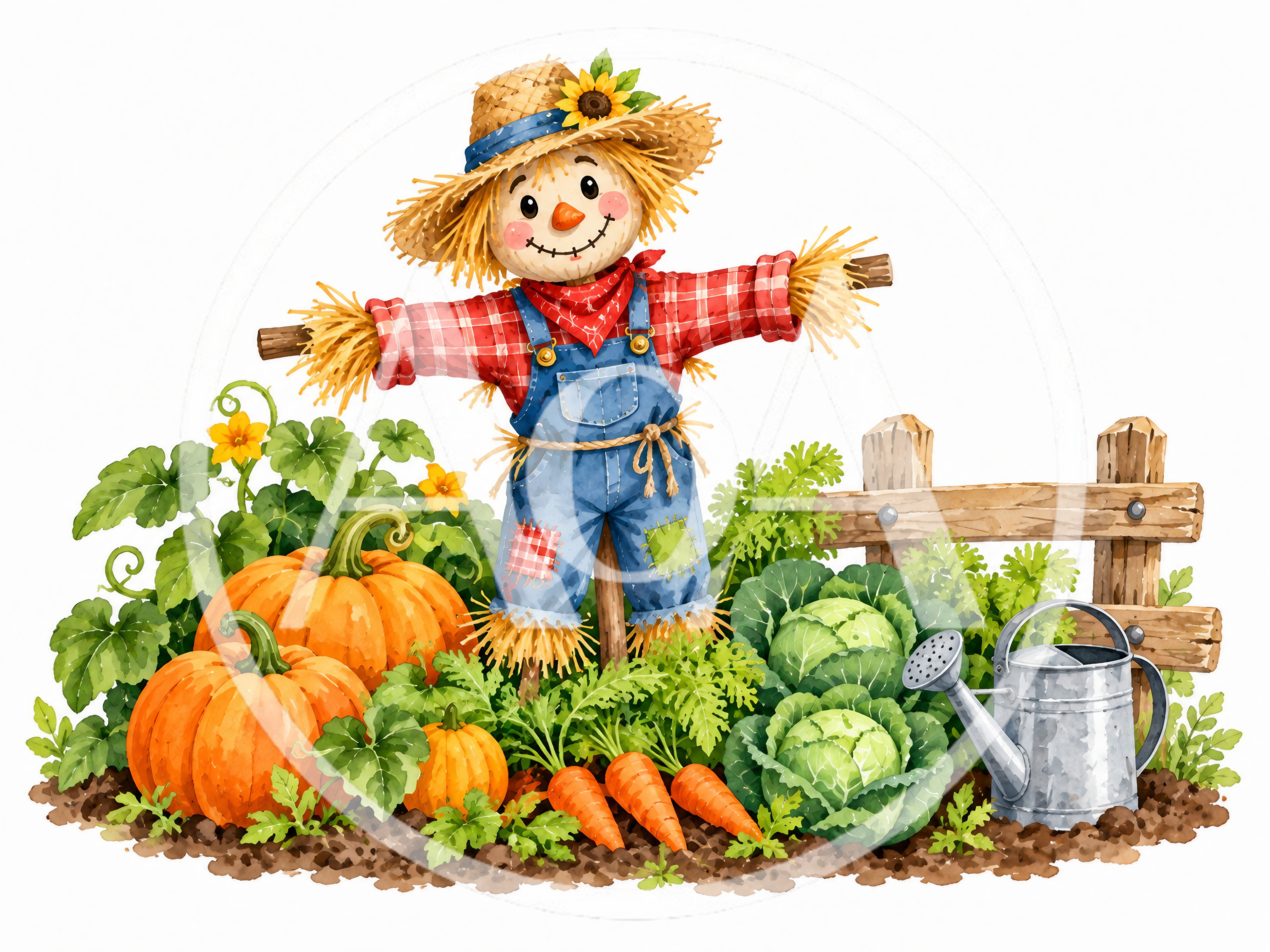 Watercolor Scarecrow Standing in a Vegetable Garden