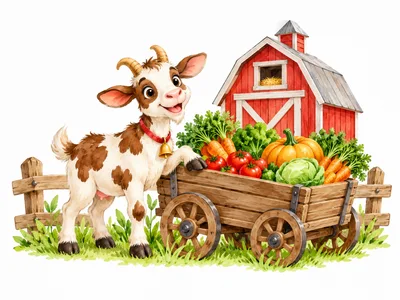 Cute Cartoon Goat With A Wagon Of Fresh Vegetables
