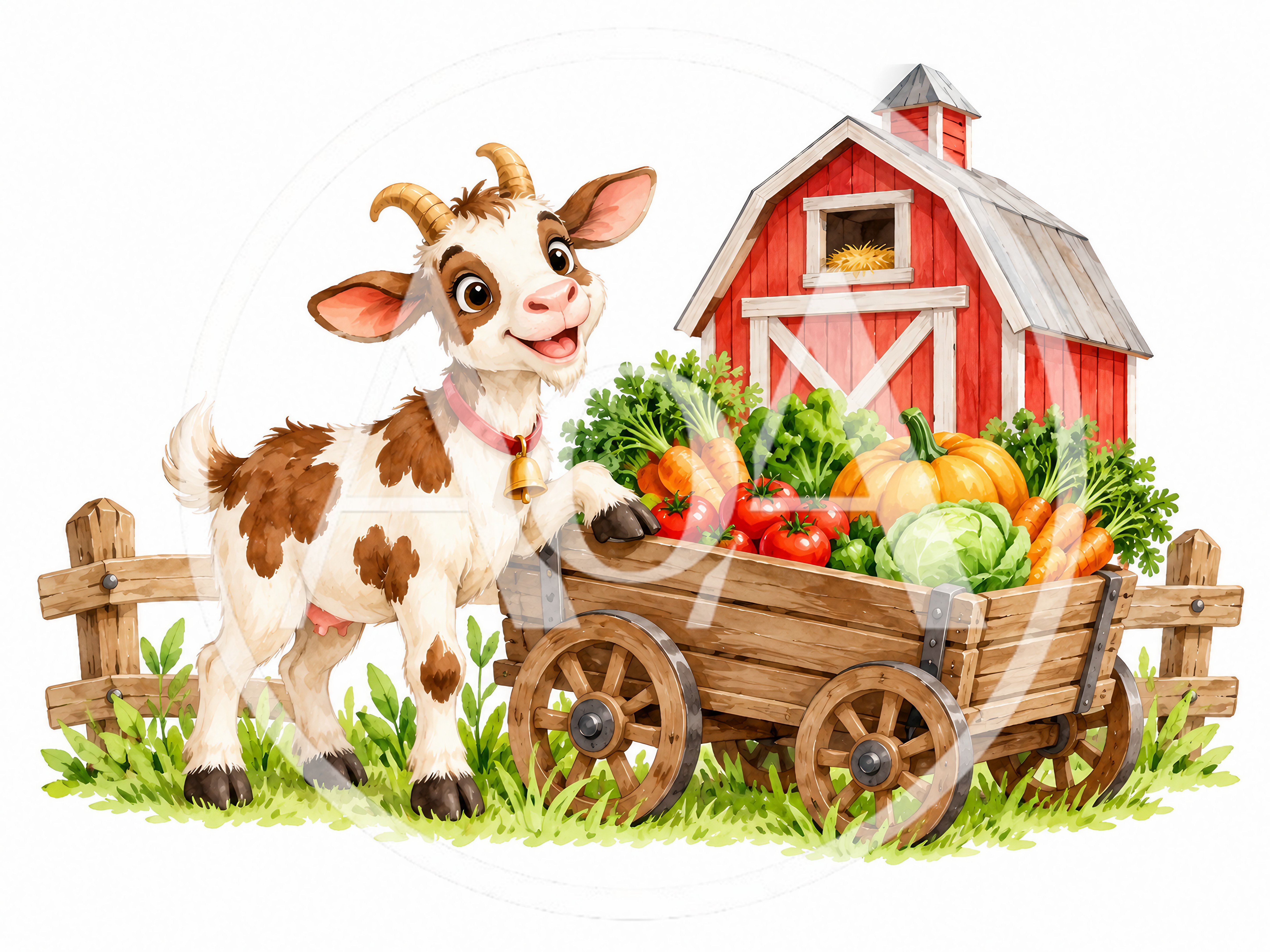 Cute Cartoon Goat With A Wagon Of Fresh Vegetables