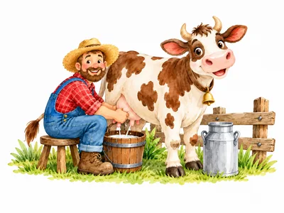 Cartoon Farmer Milking A Cow In A Meadow