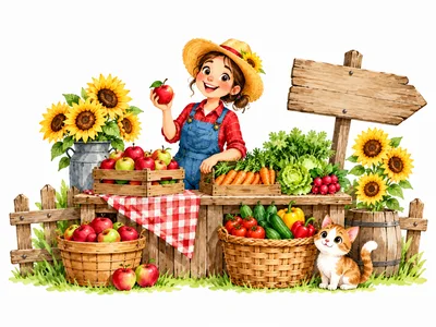 Cute Girl Farmer Selling Fresh Produce At Market