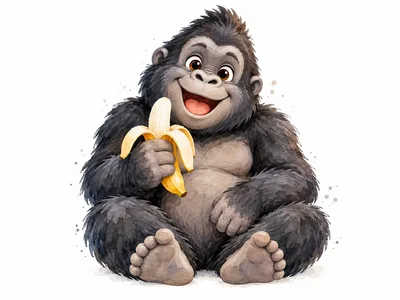 Cute Cartoon Gorilla Eating A Banana