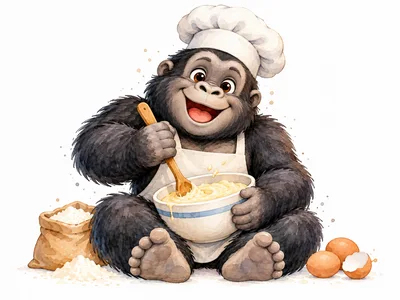 Cute Cartoon Gorilla Chef Baking With Flour And Eggs