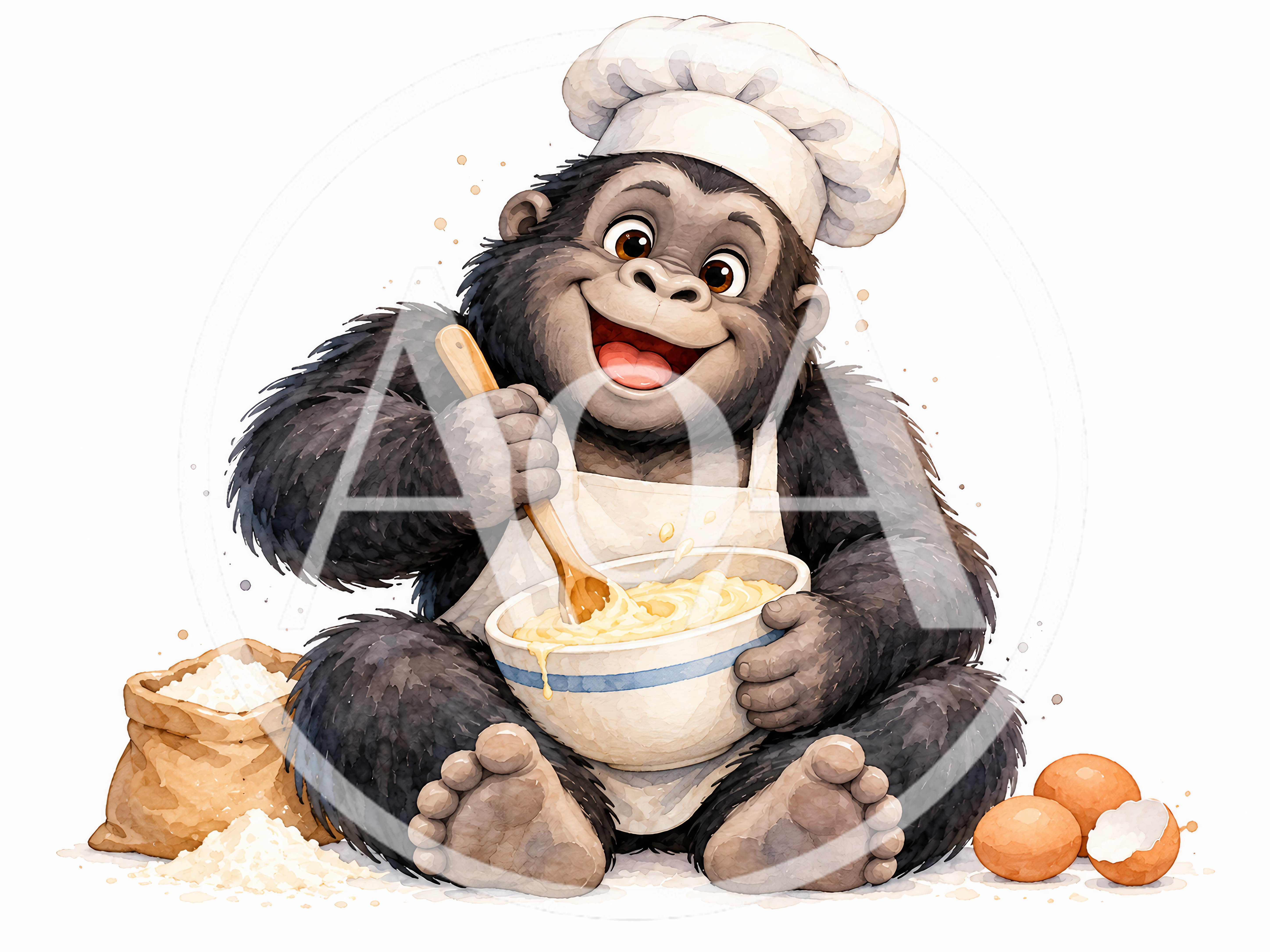 Cute Cartoon Gorilla Chef Baking With Flour And Eggs