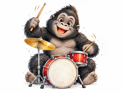 Cartoon Gorilla Playing Drums With Joyful Expression