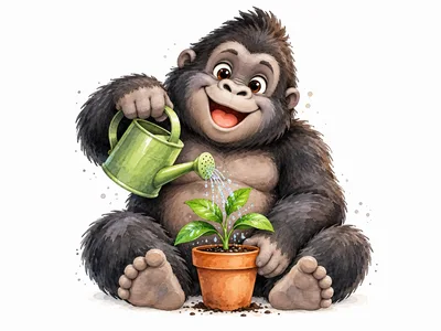Cute Cartoon Gorilla Watering A Potted Plant