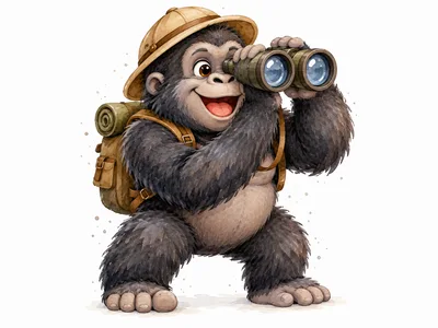 Cartoon Gorilla Explorer Wearing Safari Hat And Backpack