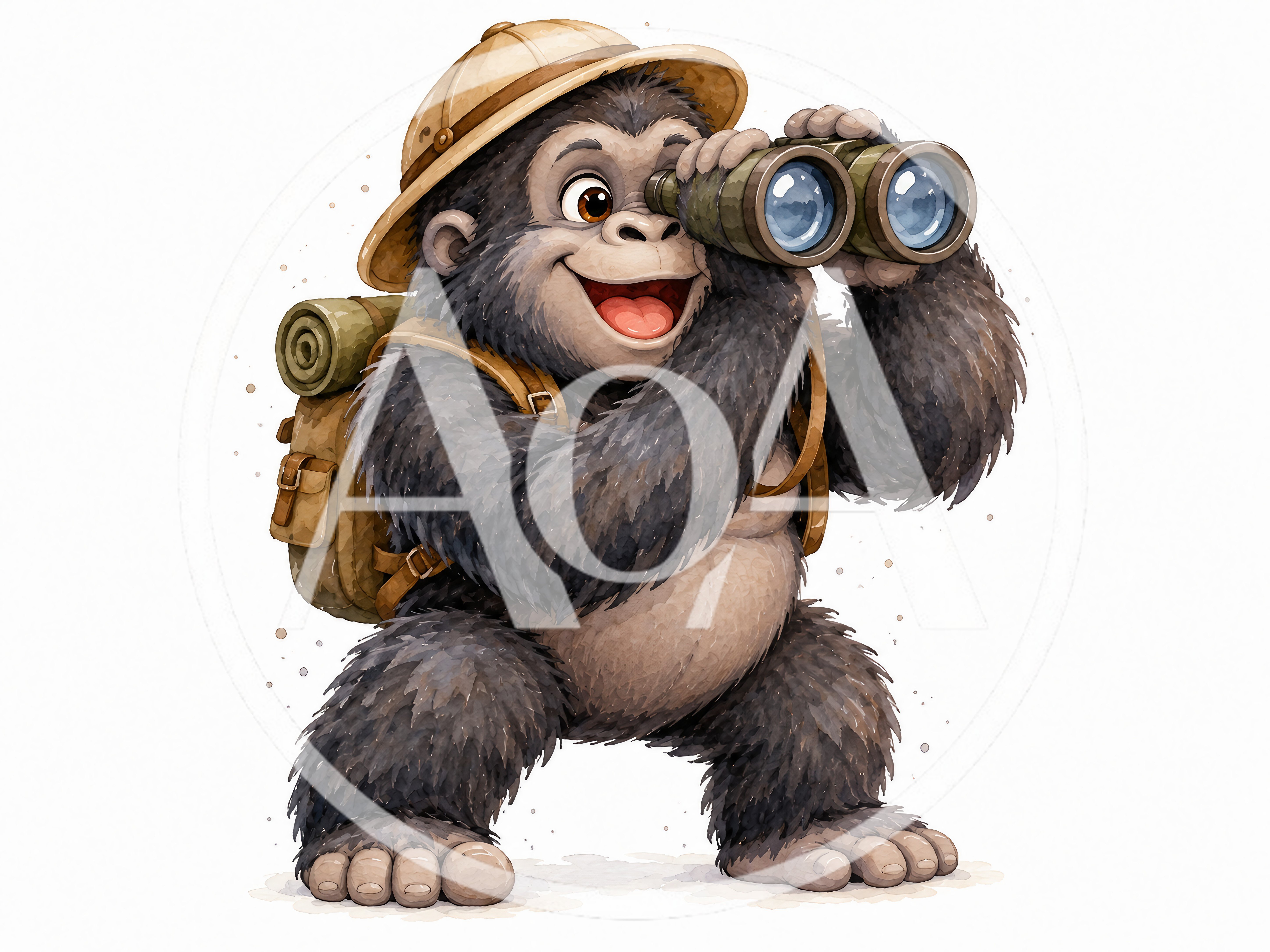 Cartoon Gorilla Explorer Wearing Safari Hat And Backpack