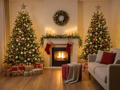Cozy Living Room Decorated For Christmas With Two Trees