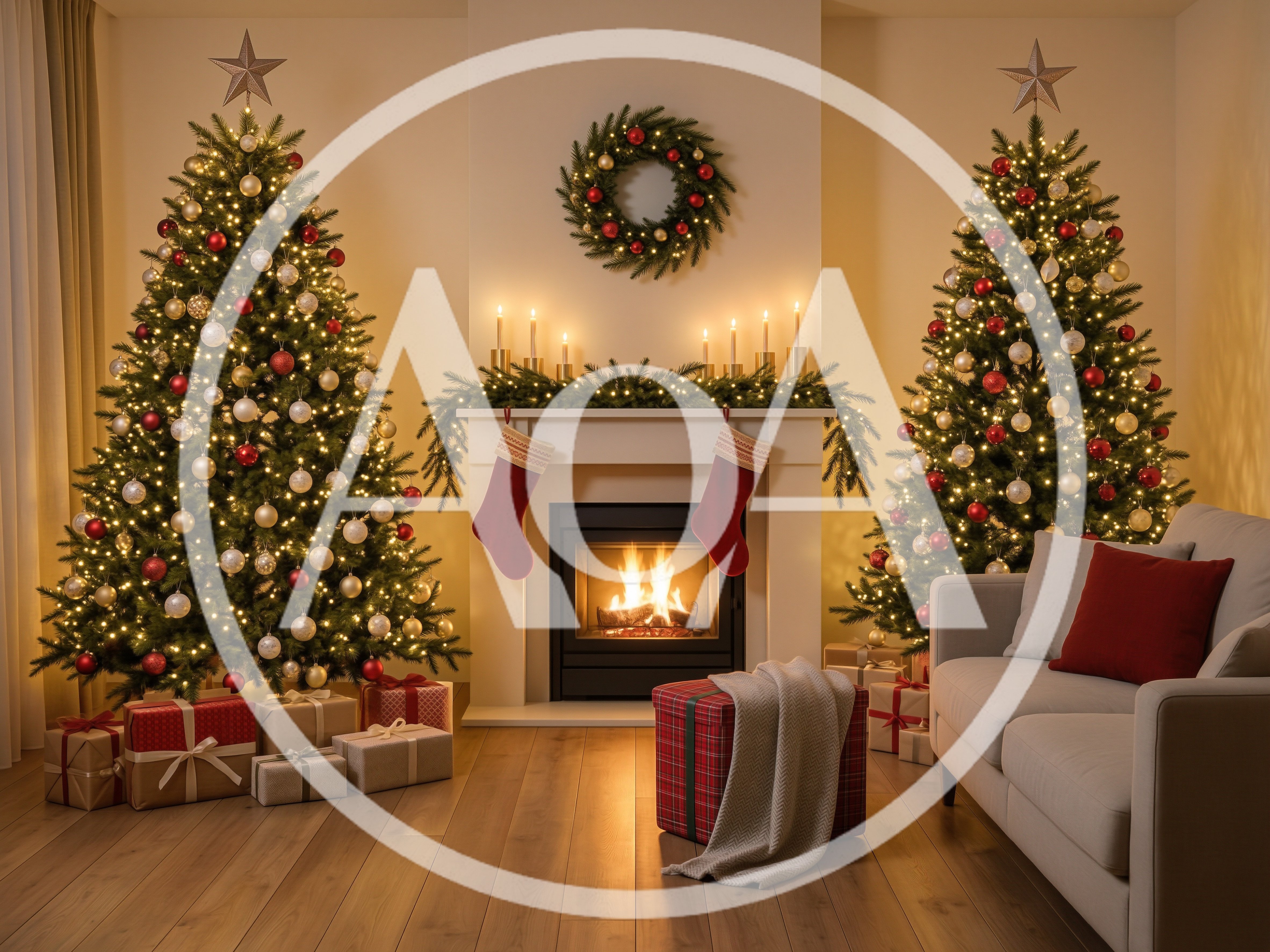 Cozy Living Room Decorated For Christmas With Two Trees