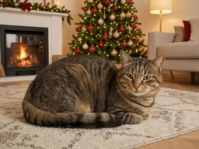 Tabby Cat Resting on Rug in Cozy Christmas Living Room