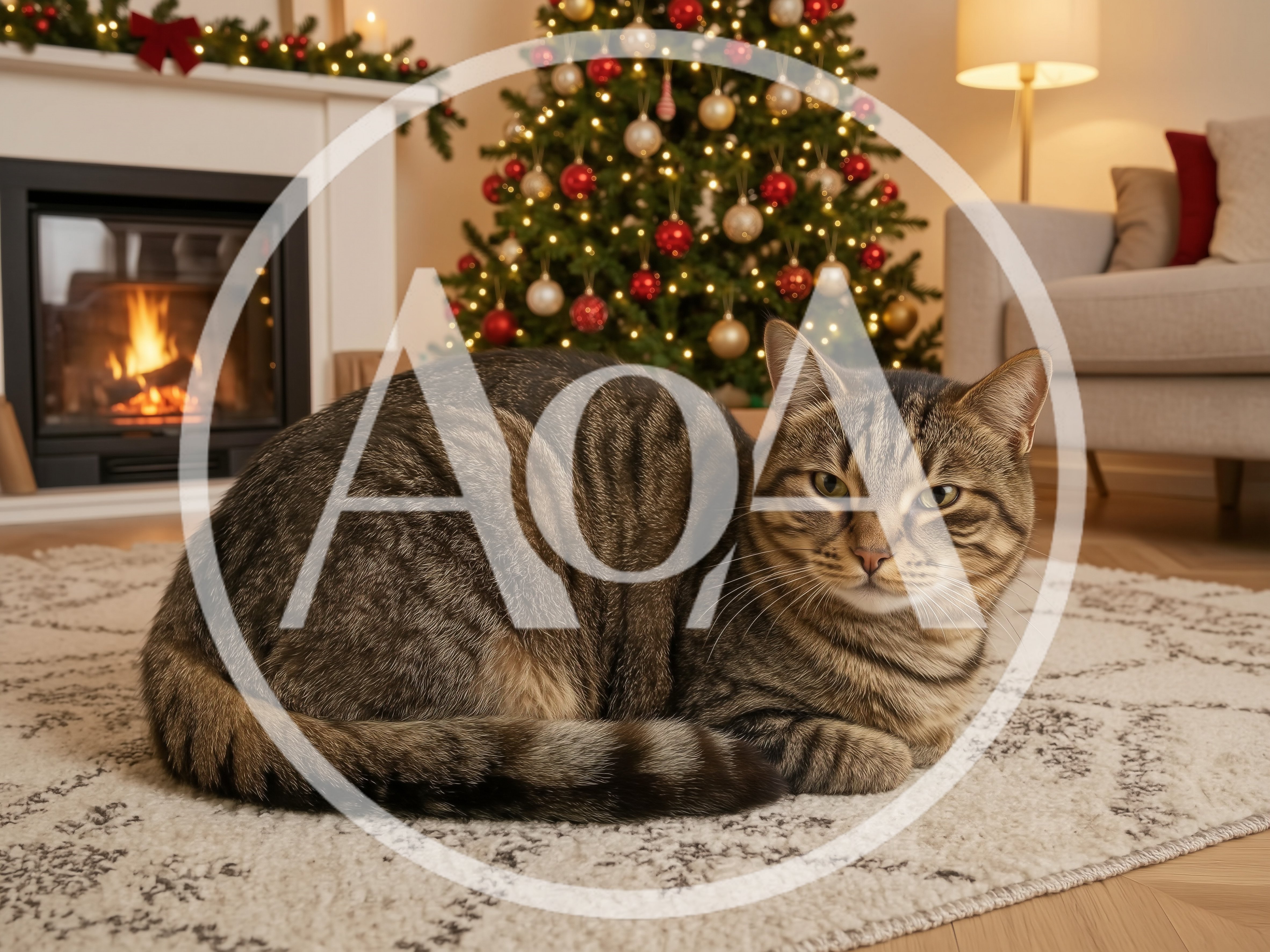 Tabby Cat Resting on Rug in Cozy Christmas Living Room
