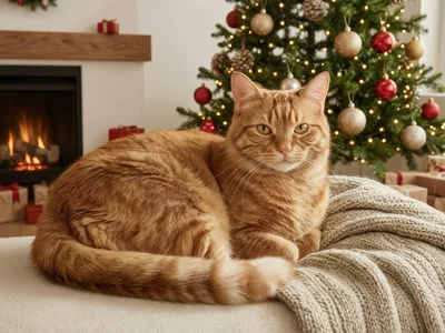Ginger Cat Resting On A Cozy Blanket By Christmas Tree