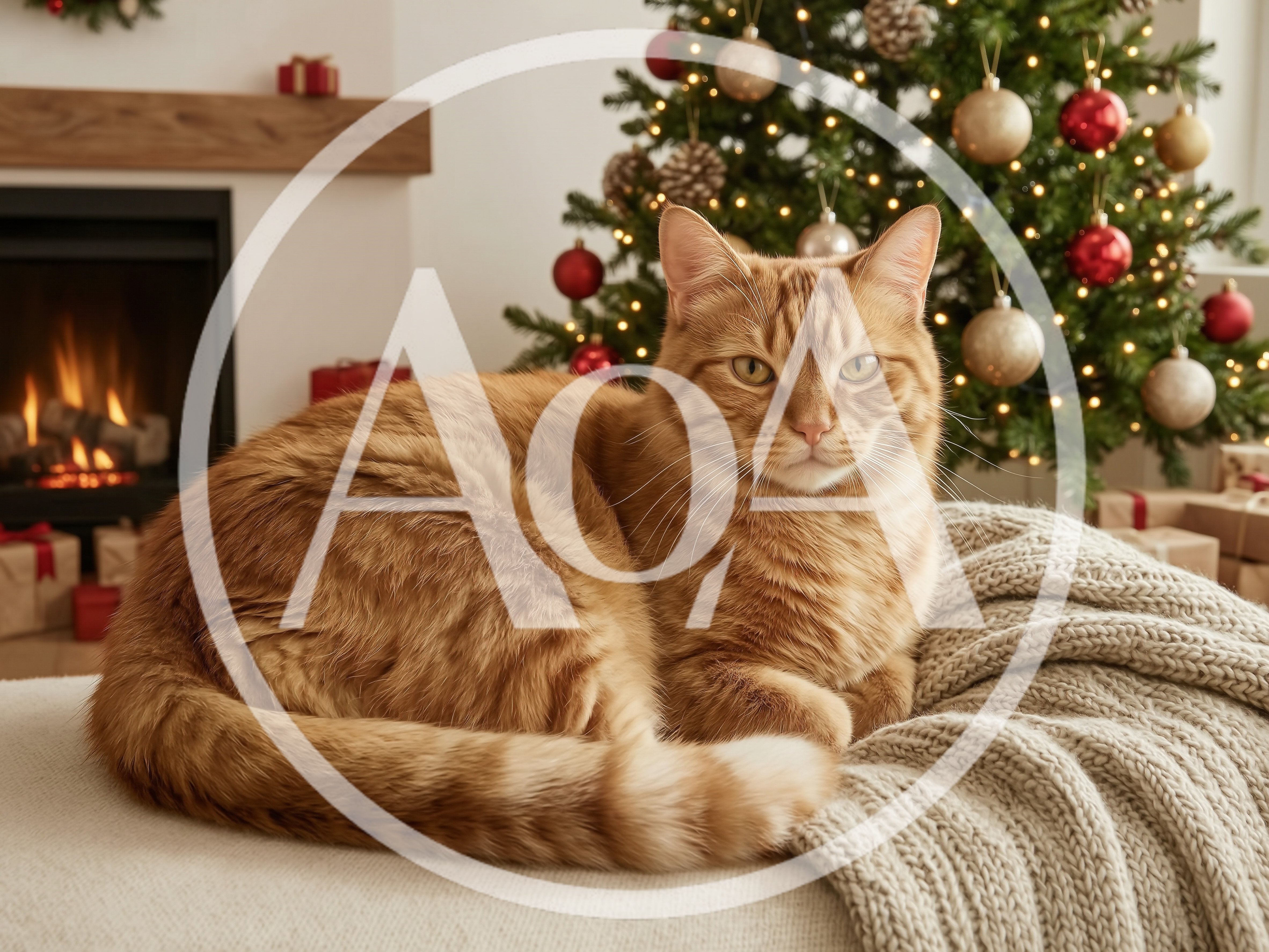 Ginger Cat Resting On A Cozy Blanket By Christmas Tree