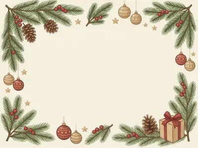 Christmas Holiday Border Frame With Pine Branches And Ornaments