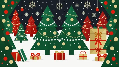 Flat Vector Christmas Forest With Decorated Trees And Gifts
