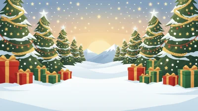 Christmas Landscape With Decorated Pine Trees And Gift Boxes