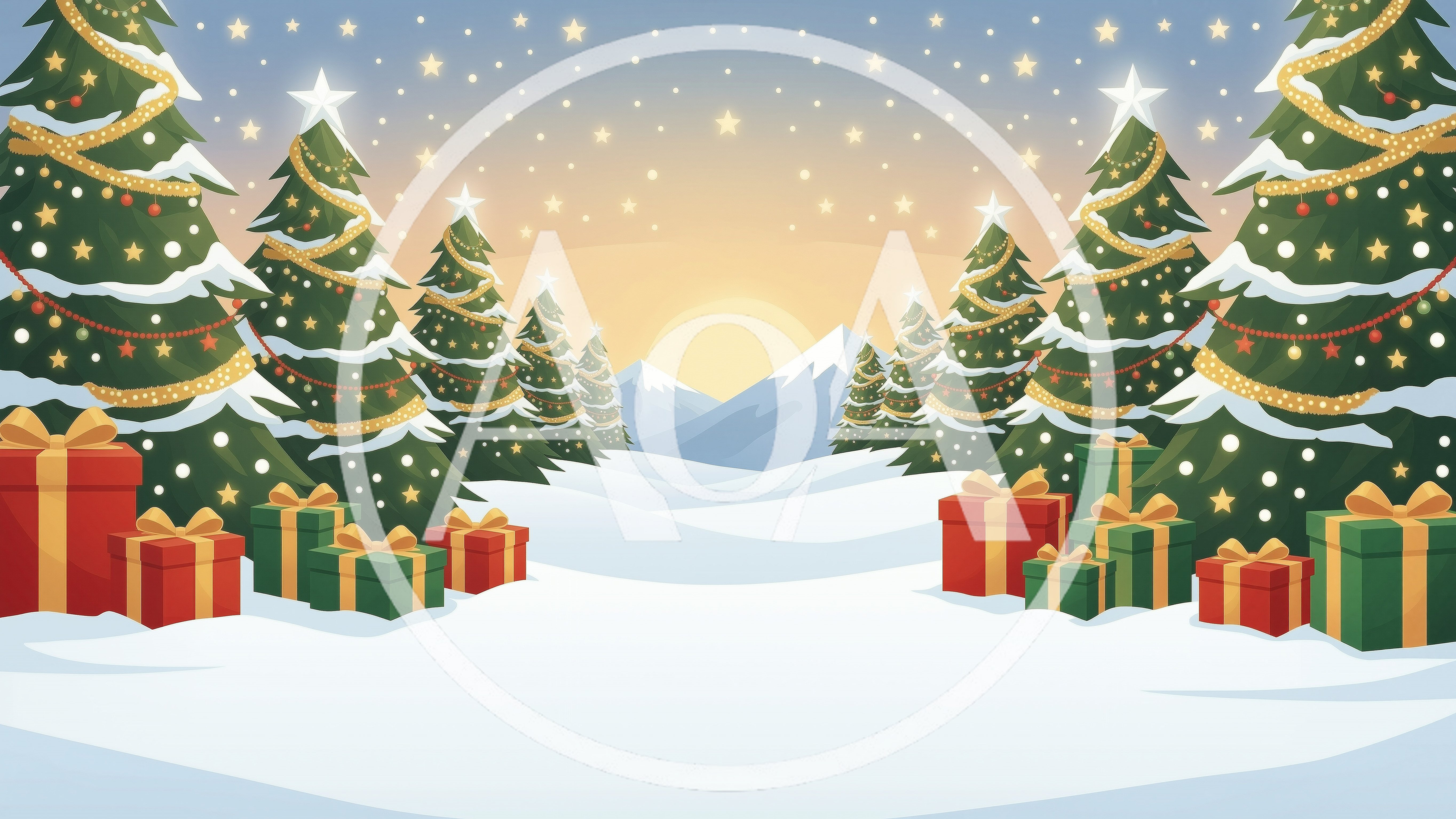 Christmas Landscape With Decorated Pine Trees And Gift Boxes