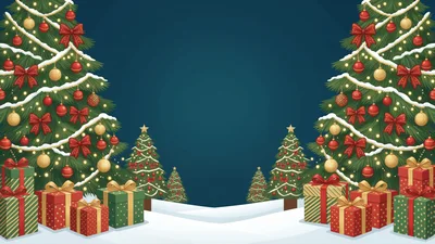 Christmas Trees and Gift Boxes on Snowy Background