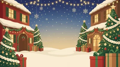 Christmas Village Scene With Decorated Trees And Gifts