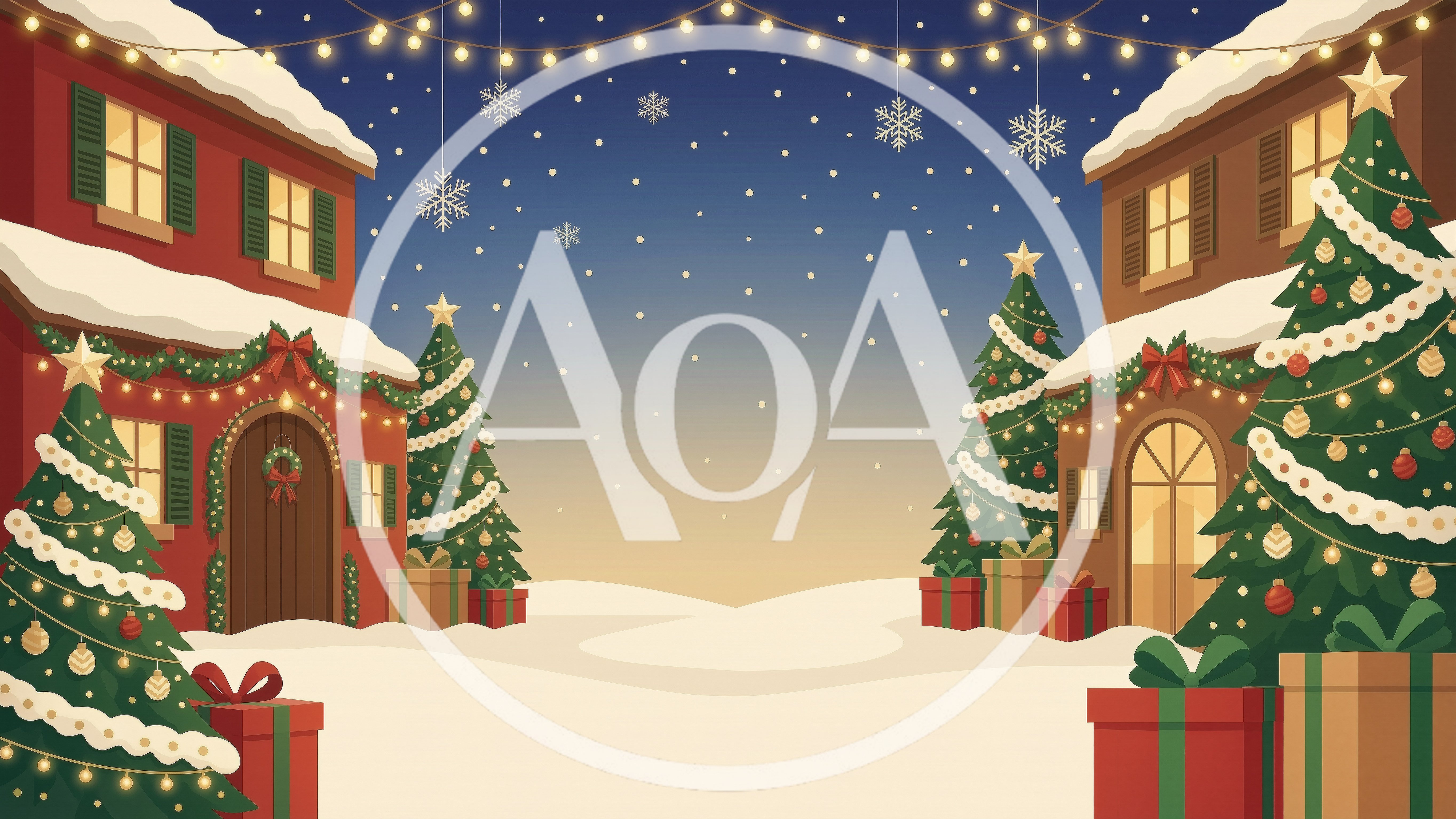 Christmas Village Scene With Decorated Trees And Gifts