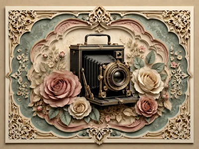Vintage Folding Camera Surrounded By Elegant Floral Arrangements
