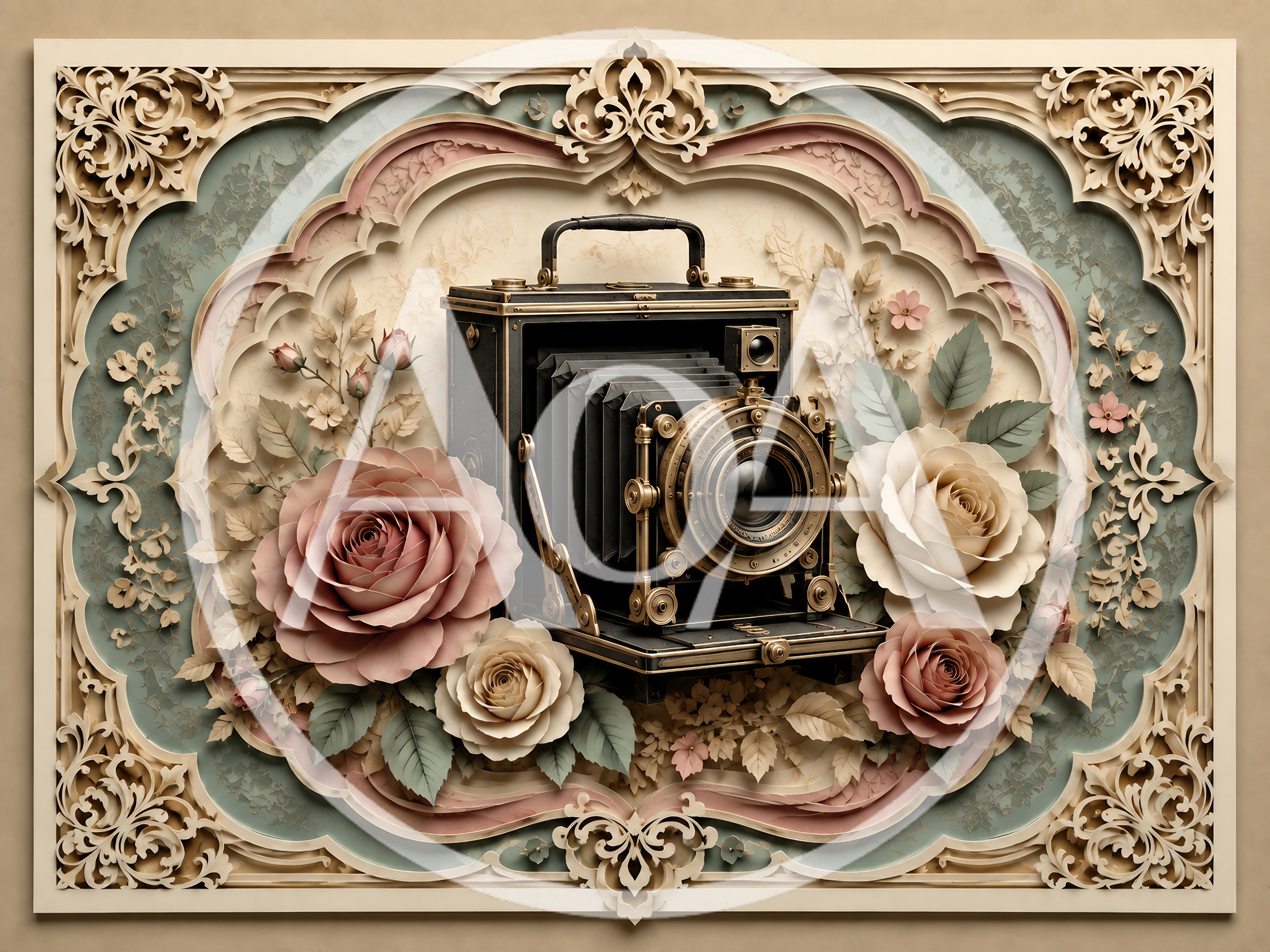 Vintage Folding Camera Surrounded By Elegant Floral Arrangements