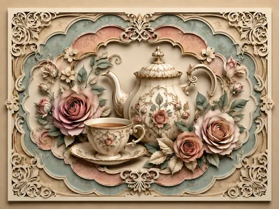 Ornate Teapot and Teacup with Roses Papercut Art