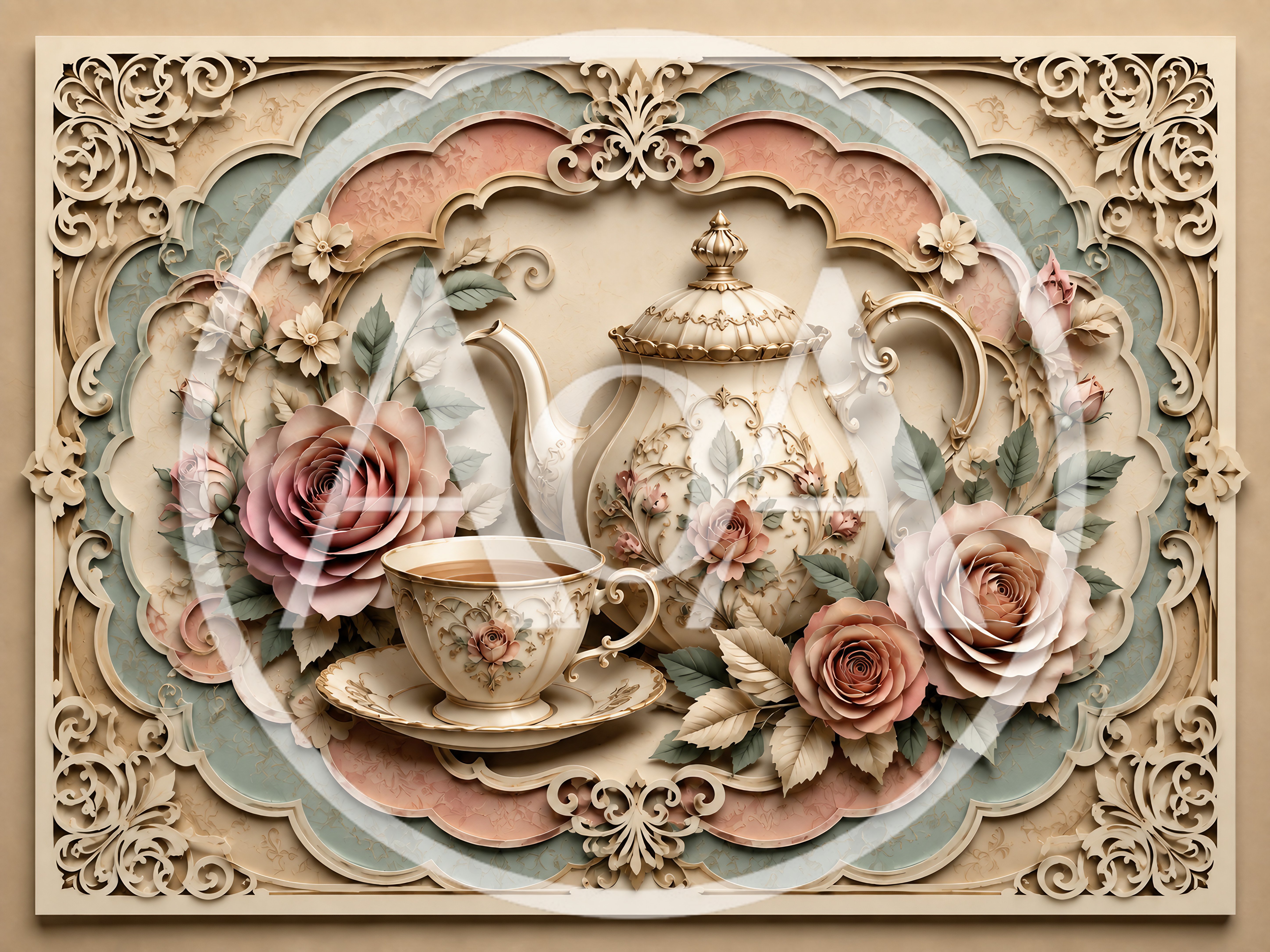 Ornate Teapot and Teacup with Roses Papercut Art
